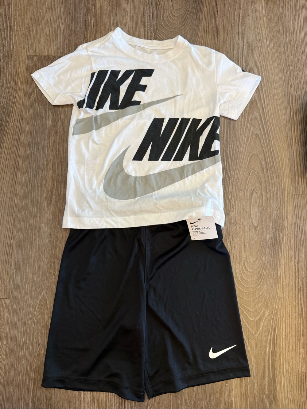 [NWT] Nike White Tee with Black Logo & Black Athletic Shorts Set - Size 7 (L)